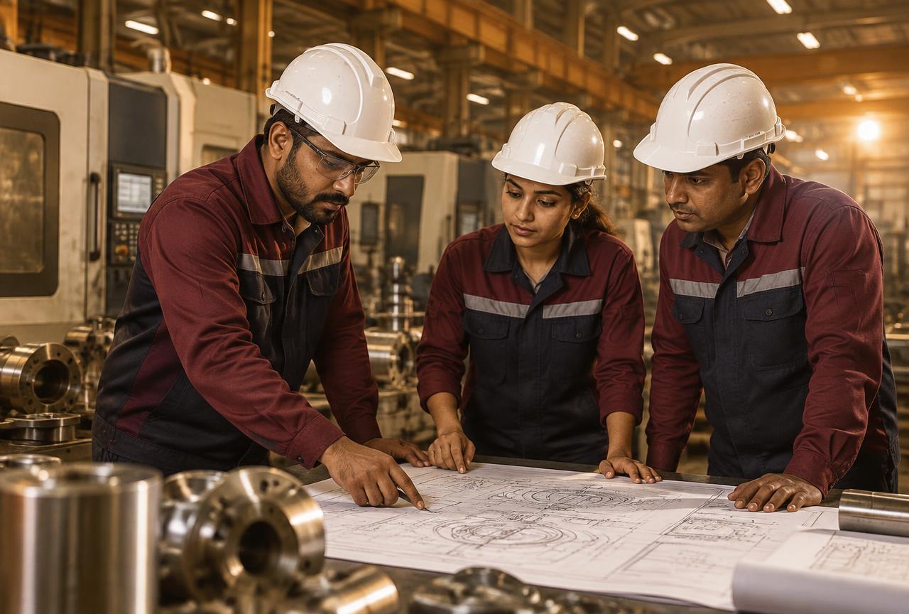 Engineering team reviewing technical drawings on a production floor